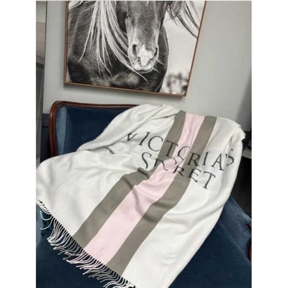 Victoria’s Secret Logo Fringe Throw Blanket Pink Gray Ivory Soft Cozy